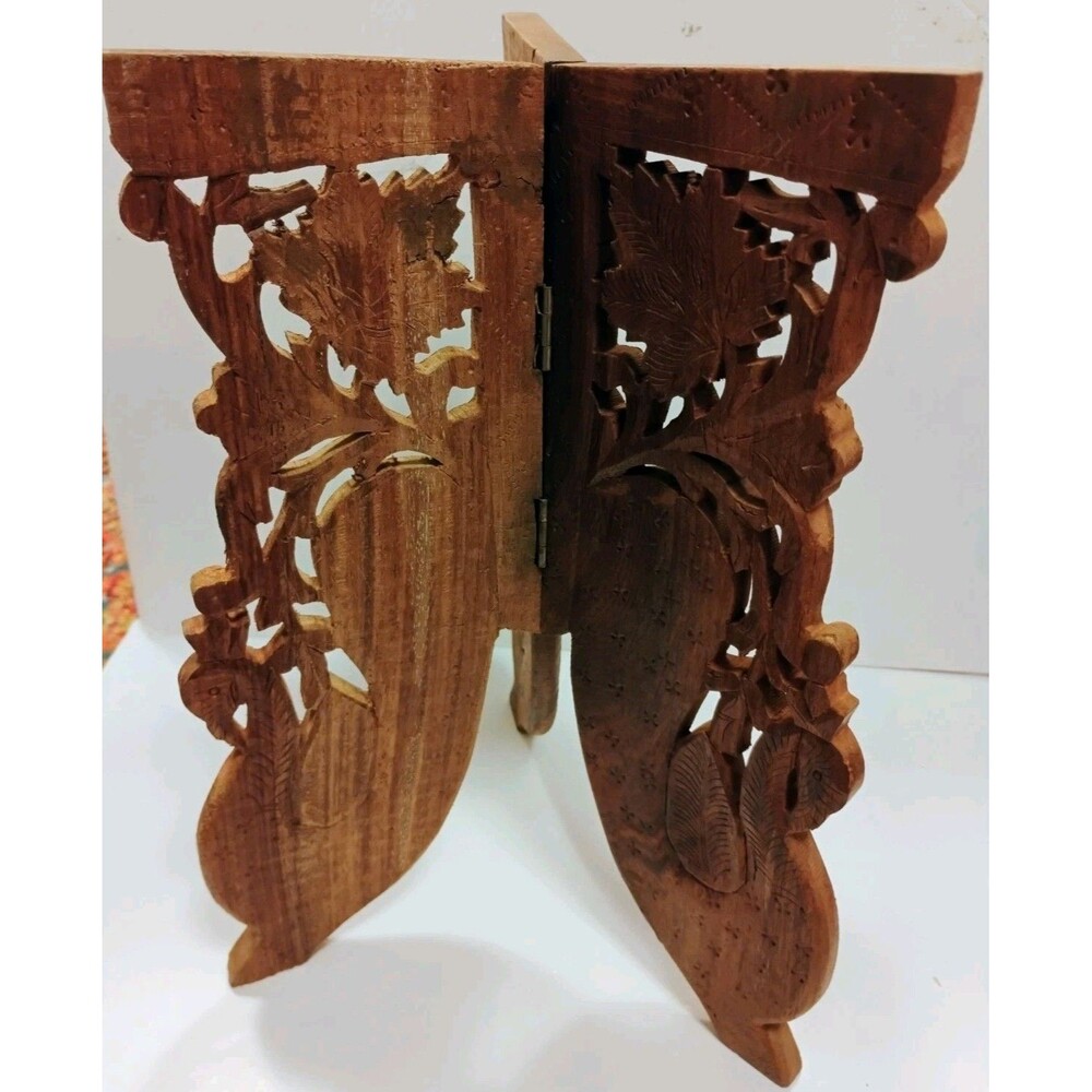 Vtg Anglo Indian Hand Carved Wood Peacock 3 Leg Folding Stand 13" Plant stand